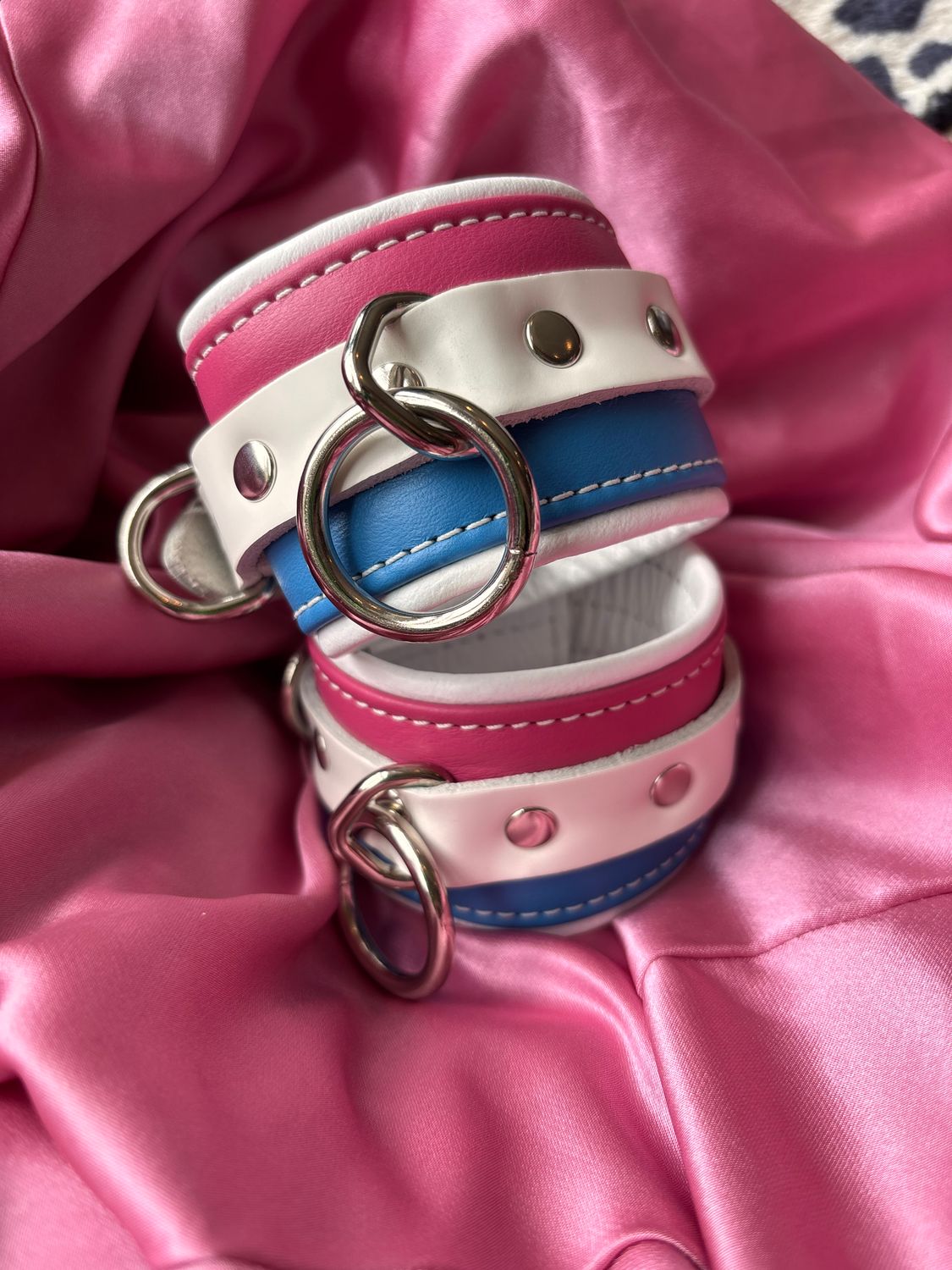 Luna Leather Lined Bondage Cuffs- Trans Pride Edition
