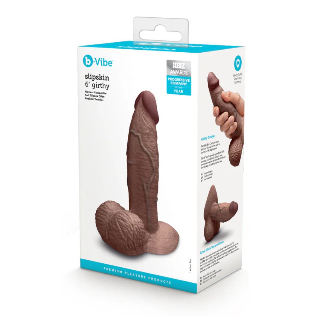 Slipskin Realistic Silicone Dildo 6 in. Girthy, Color: Brown