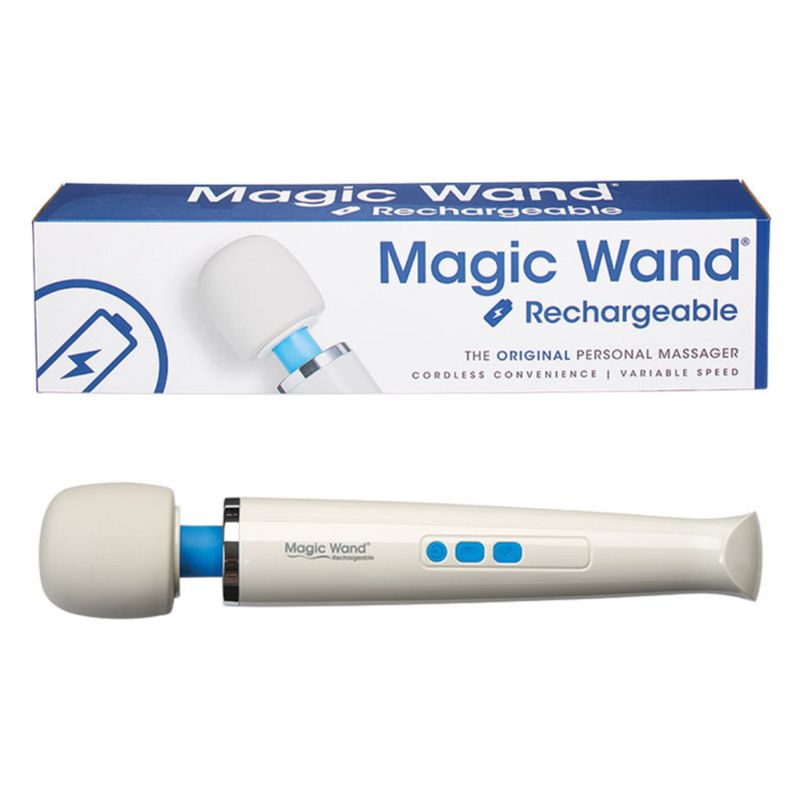 The magic wand Rechargable, a cordless wand-type vibrator with an off-white silicone head, a blue neck, a silver band around its shoulders, and a tapered cylindrical handles with a label and blue buttons for power, speed, and patterns, depicted next to its box.