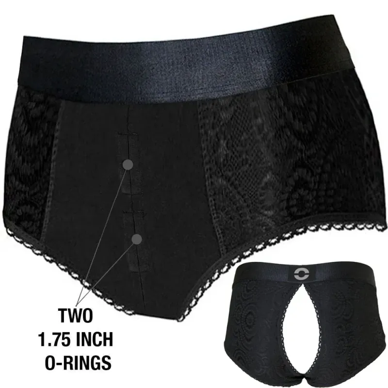 High Rise Lace Panty Crotchless Strap-On Harness- Black/Black