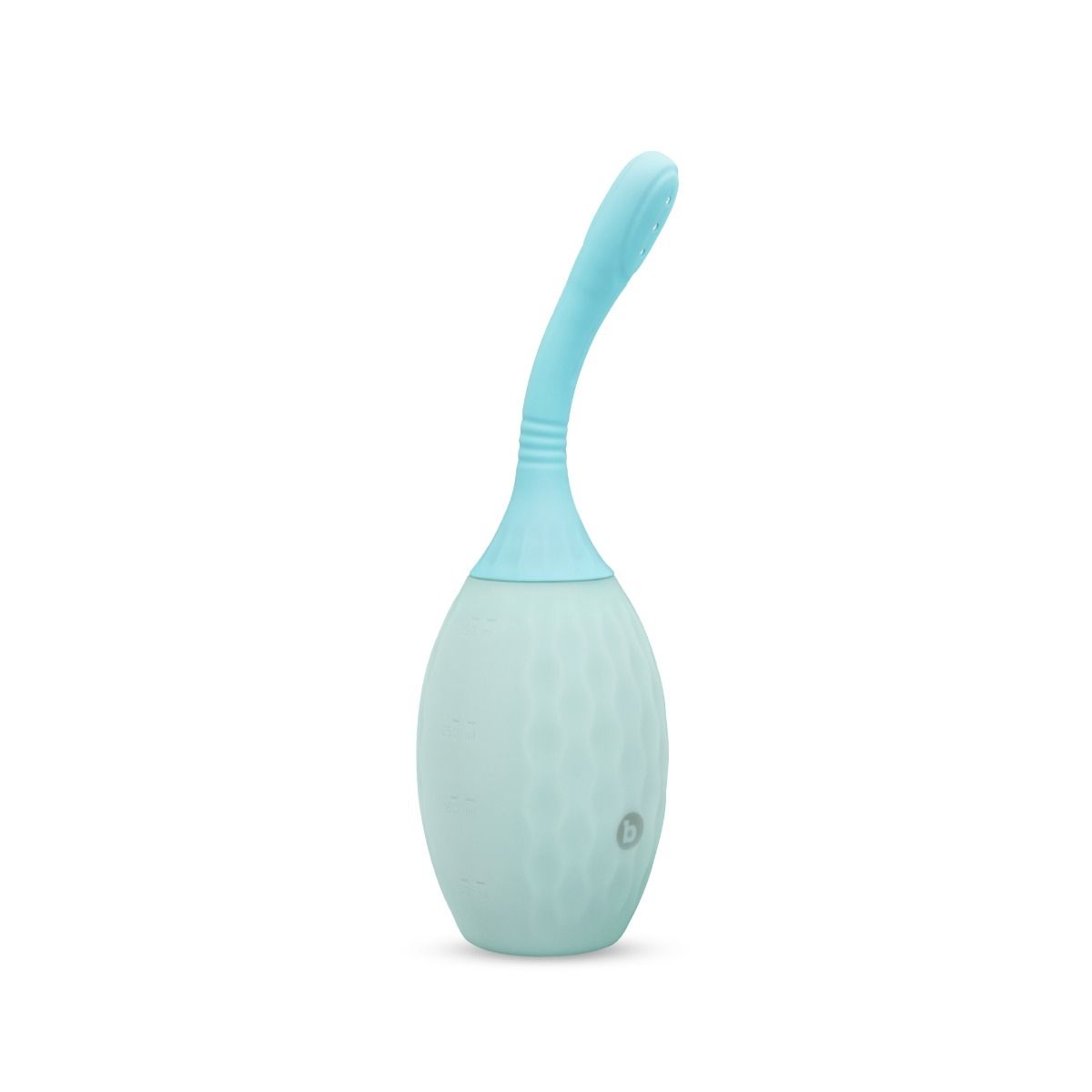 A photo of a silicone douche - it is slender, with a textured, seafoam colored bulb and a posable pale blue nozzle