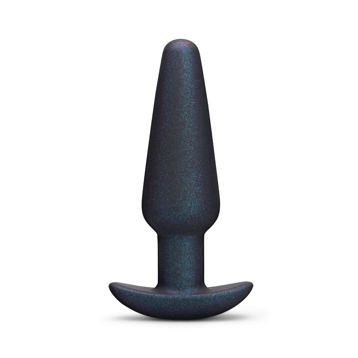 A sparkling navy-blue butt plug with a large, conical head, a thick neck, and a flared base. 