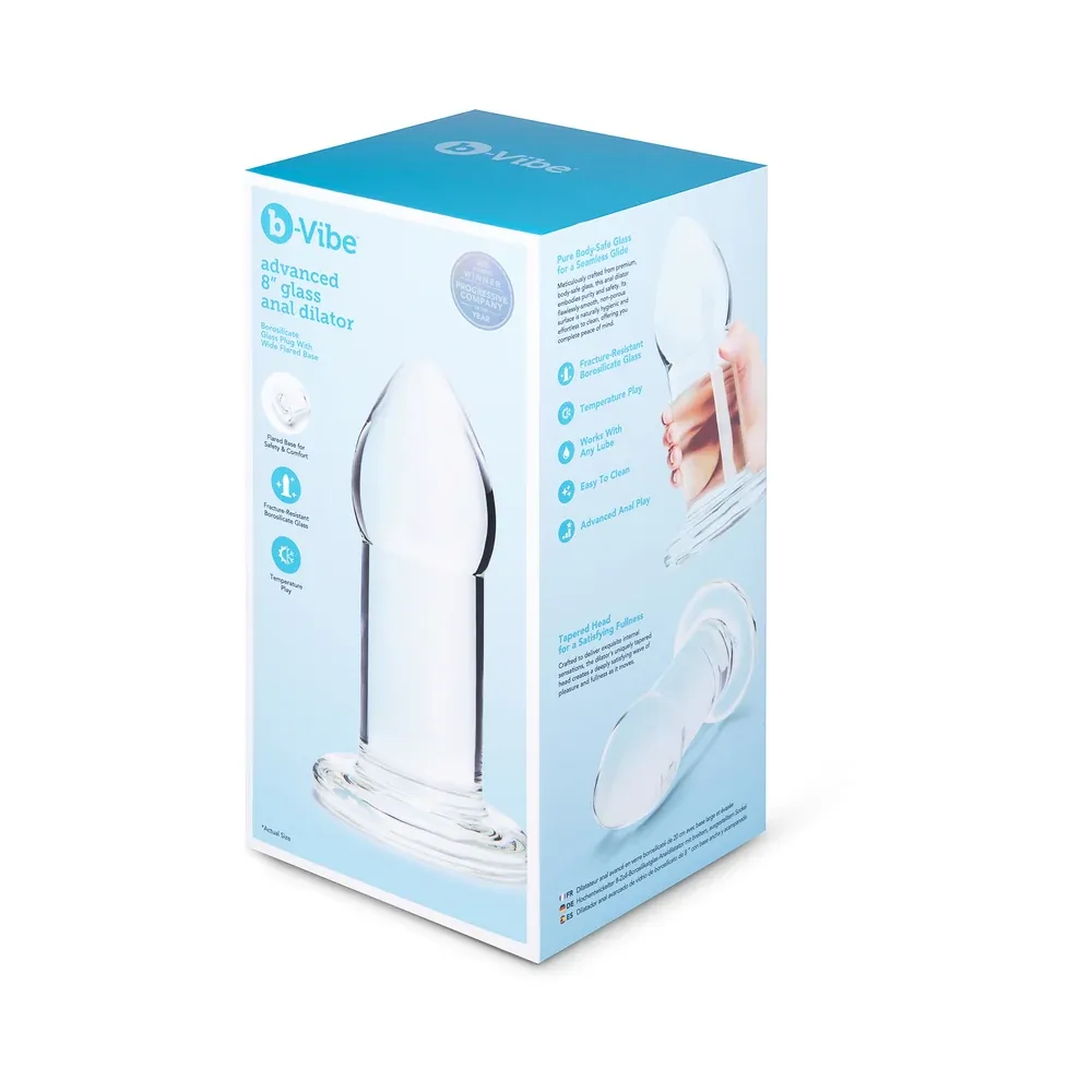 The b-Vibe 8-inch glass anal dilator in its box - its light blue finish is clean and modern with several pictures of the toy.