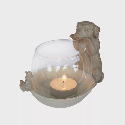 HAPPY-HOUSE WAXINELICHTHOUDER HOND MET GLAS BEIGE