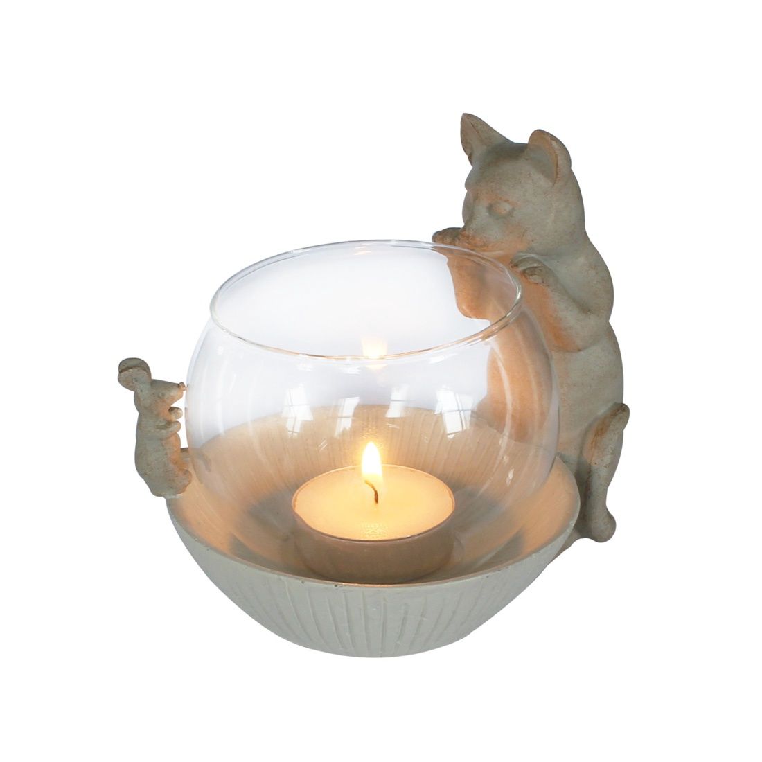 Waxinelichthouder Kat met glas Beige