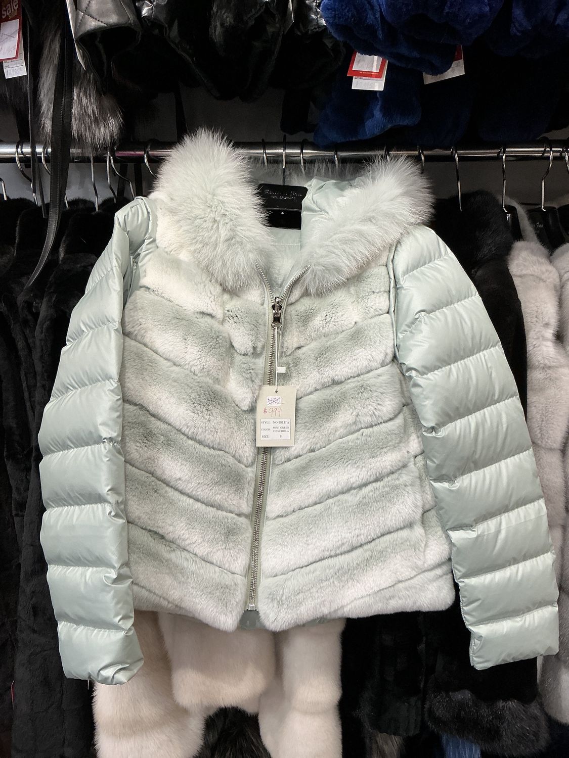 Women’s Rabbit and Fox Down Jacket, Color: Mint Green Chinchilla, Material: Norway / Noholita, Size: Size S