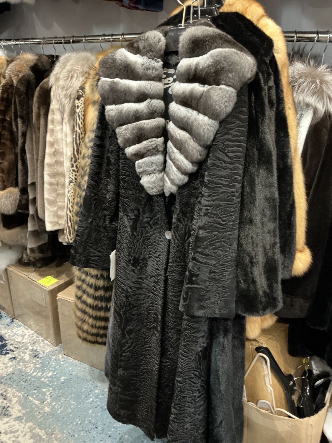 Woman’s Dyed Black Broadtail w/ Chinchilla, Material: Russia - Canada / F4368 / 19388638, Size: Size C