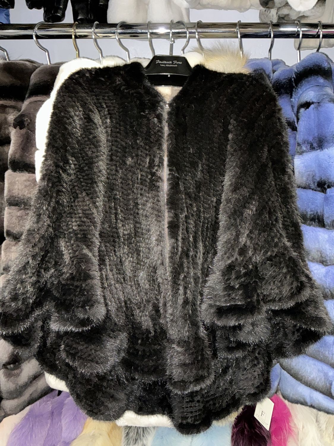 Women’s Knitted Black Mink Shawl with Hood