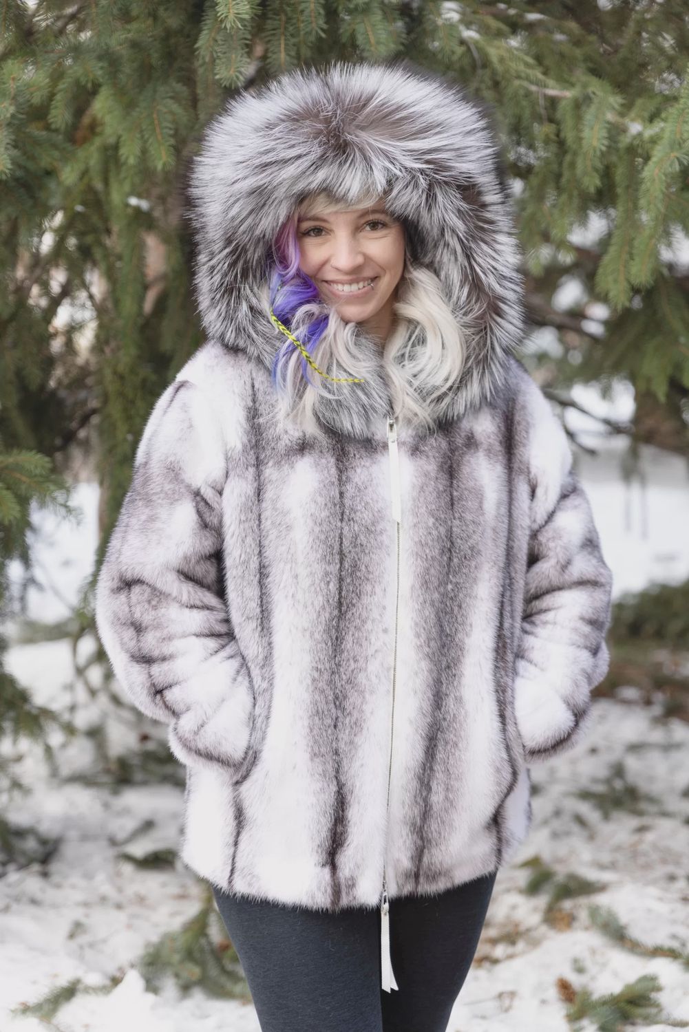 Black Cross Mink with Silver Fox Hooded