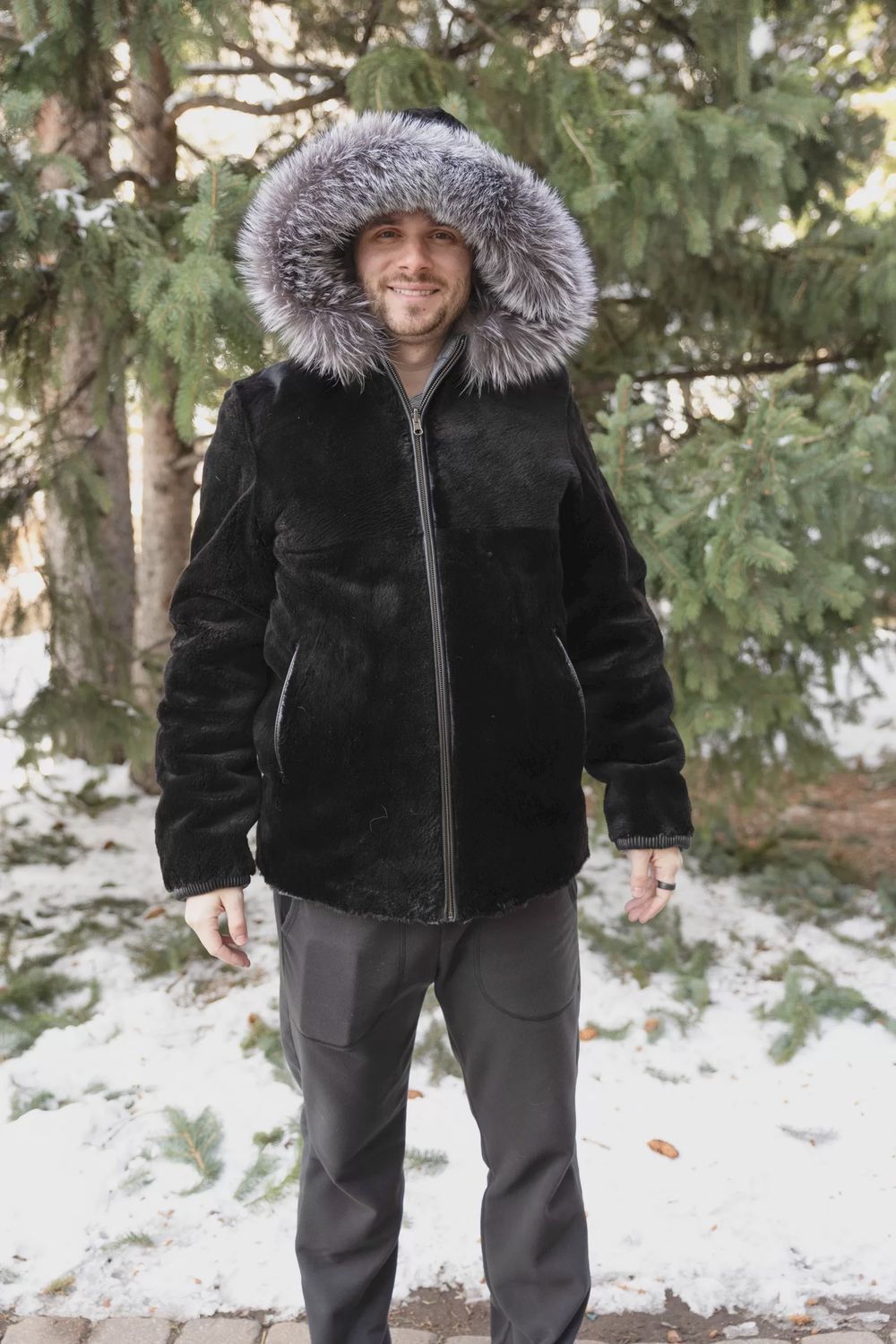 Men’s Black Sheared Beaver with Silver Fox Jacket