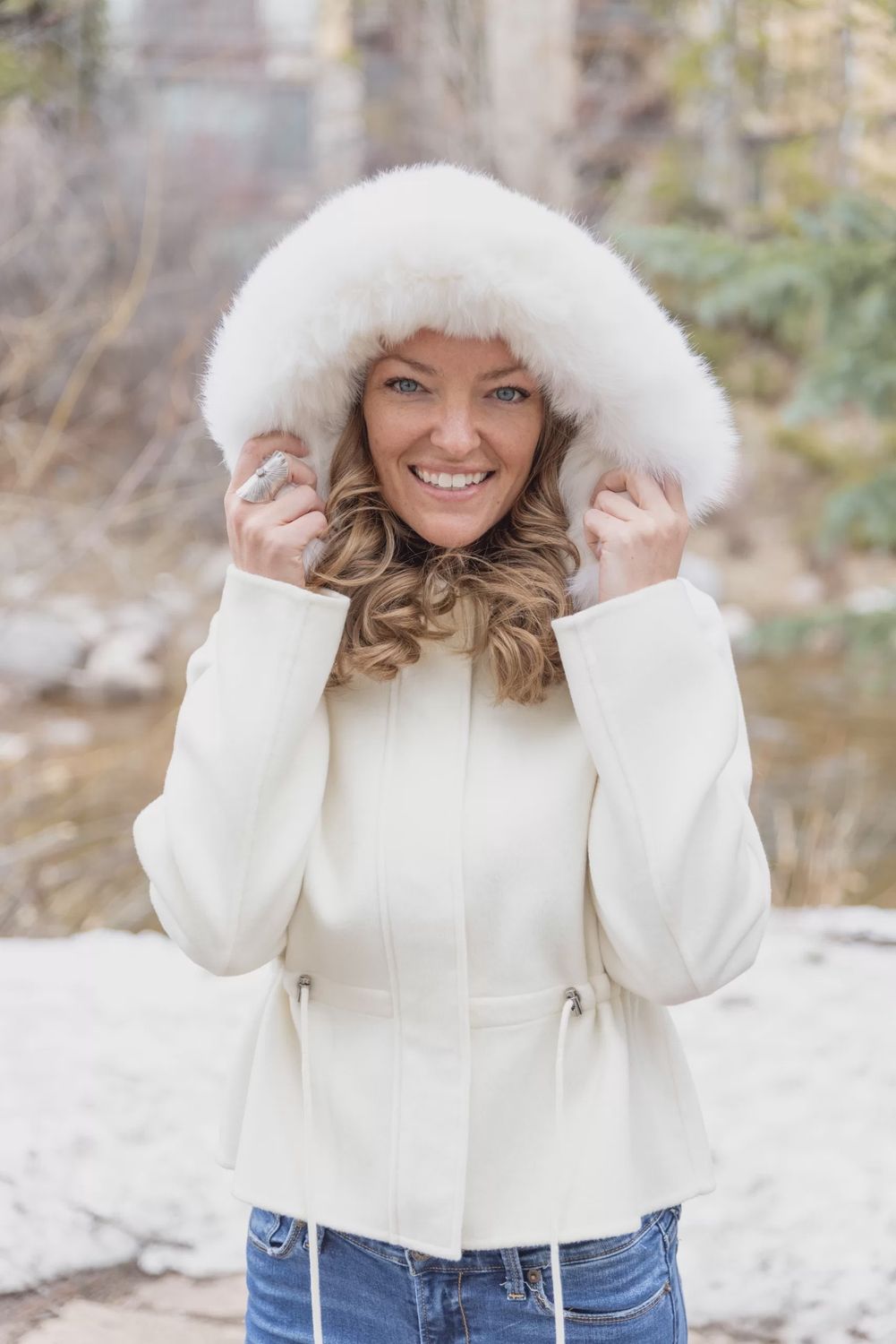 Cashmere with Fox Hood, Color: Ivory, Material: Norway / Victoria, Size: Size S