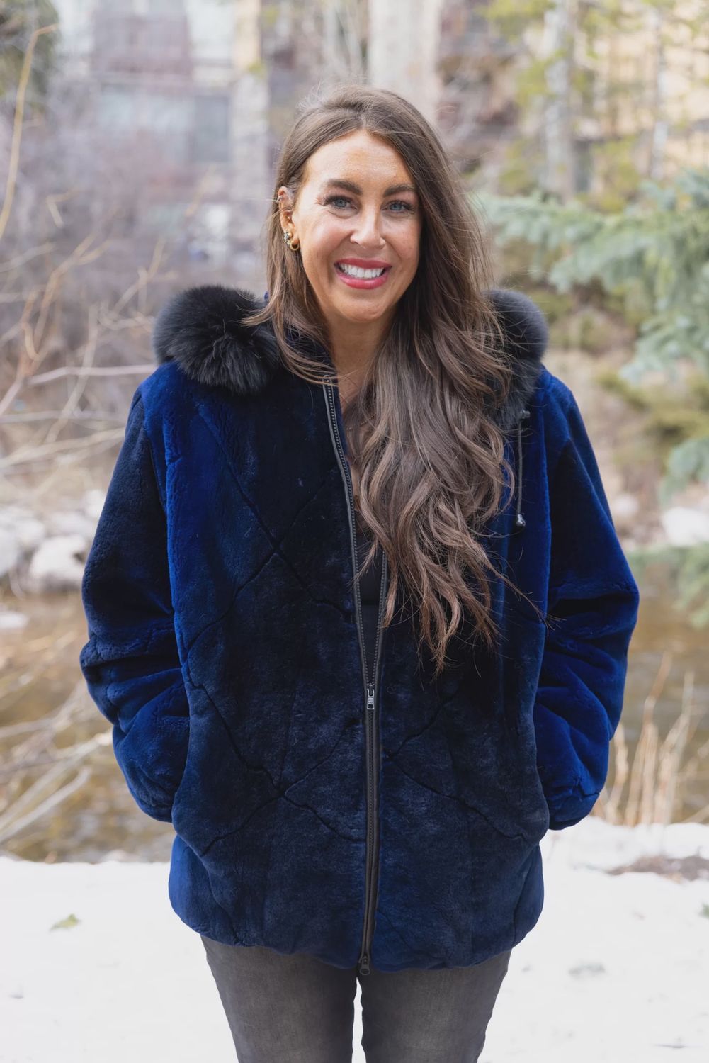 Dyed Royal Blue Ombre Sheared Beaver with Dyed Black Fox