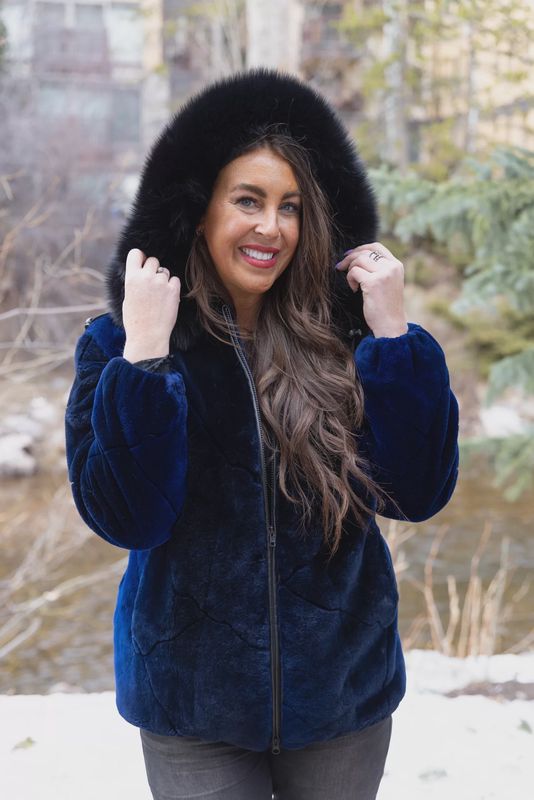 Dyed Royal Blue Ombre Sheared Beaver with Dyed Black Fox