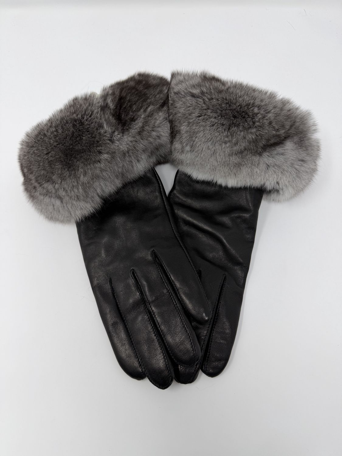 Black Leather Gloves with Chinchilla Trim