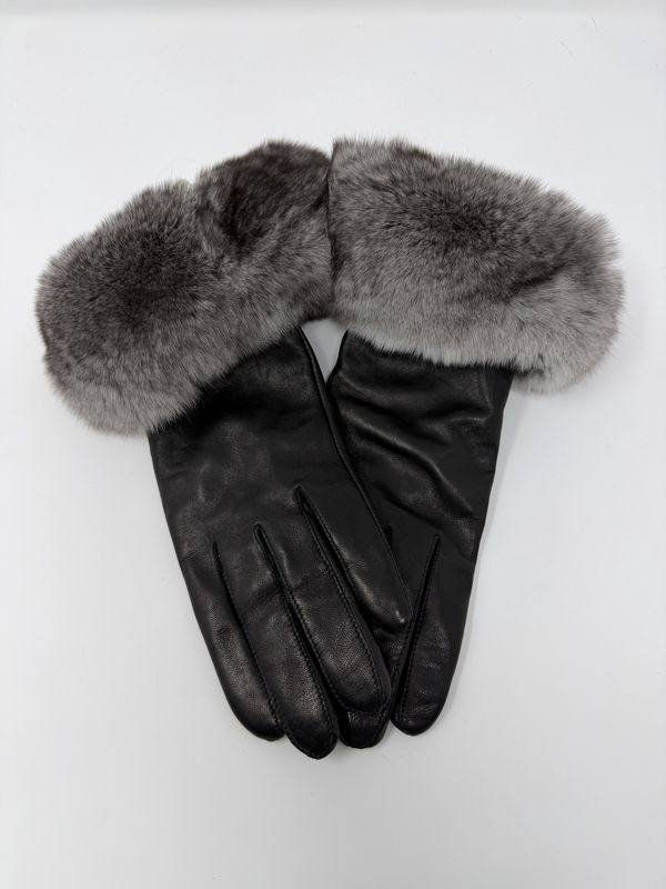 Black Leather Gloves with Chinchilla Trim