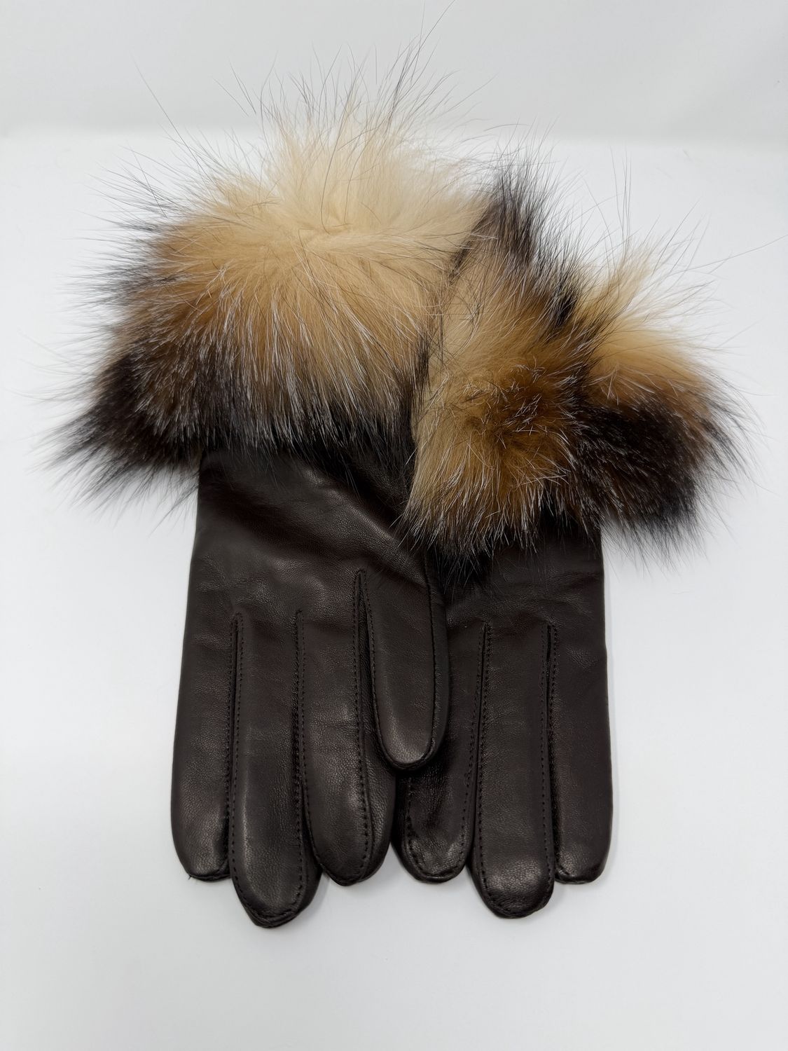 Leather Gloves with Fox Trim, Color: Brown Leather with Crystal Fox, Size: Size 6.5