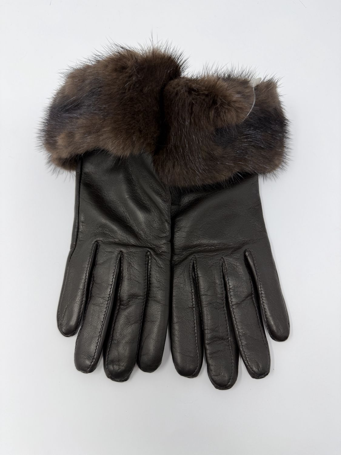 Leather Gloves with Mink Trim, Color: Brown Leather with Mahogany Mink, Size: Size 6.5