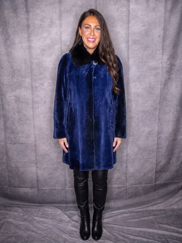 Women’s Dyed Blue Sheared Beaver with Dyed Black Fox