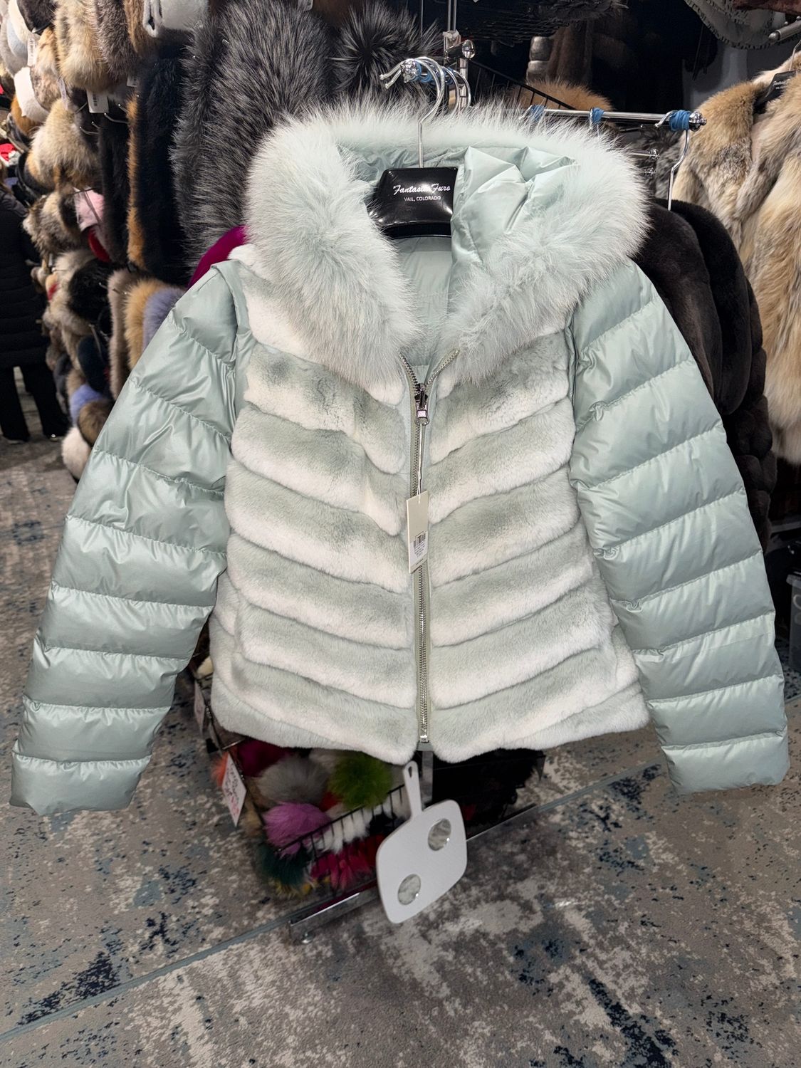 Women’s Rabbit and Fox Down Jacket, Color: Mint Green Chinchilla, Material: Norway / Noholita, Size: Size S