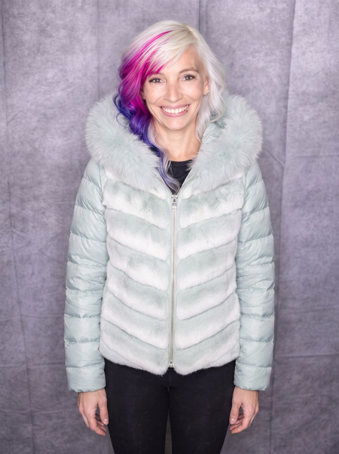 Women’s Rabbit and Fox Down Jacket, Color: Mint Green Chinchilla, Material: Norway / Noholita, Size: Size S