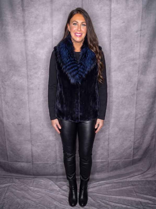 Dyed Blue Sheared Beaver with Fox Vest