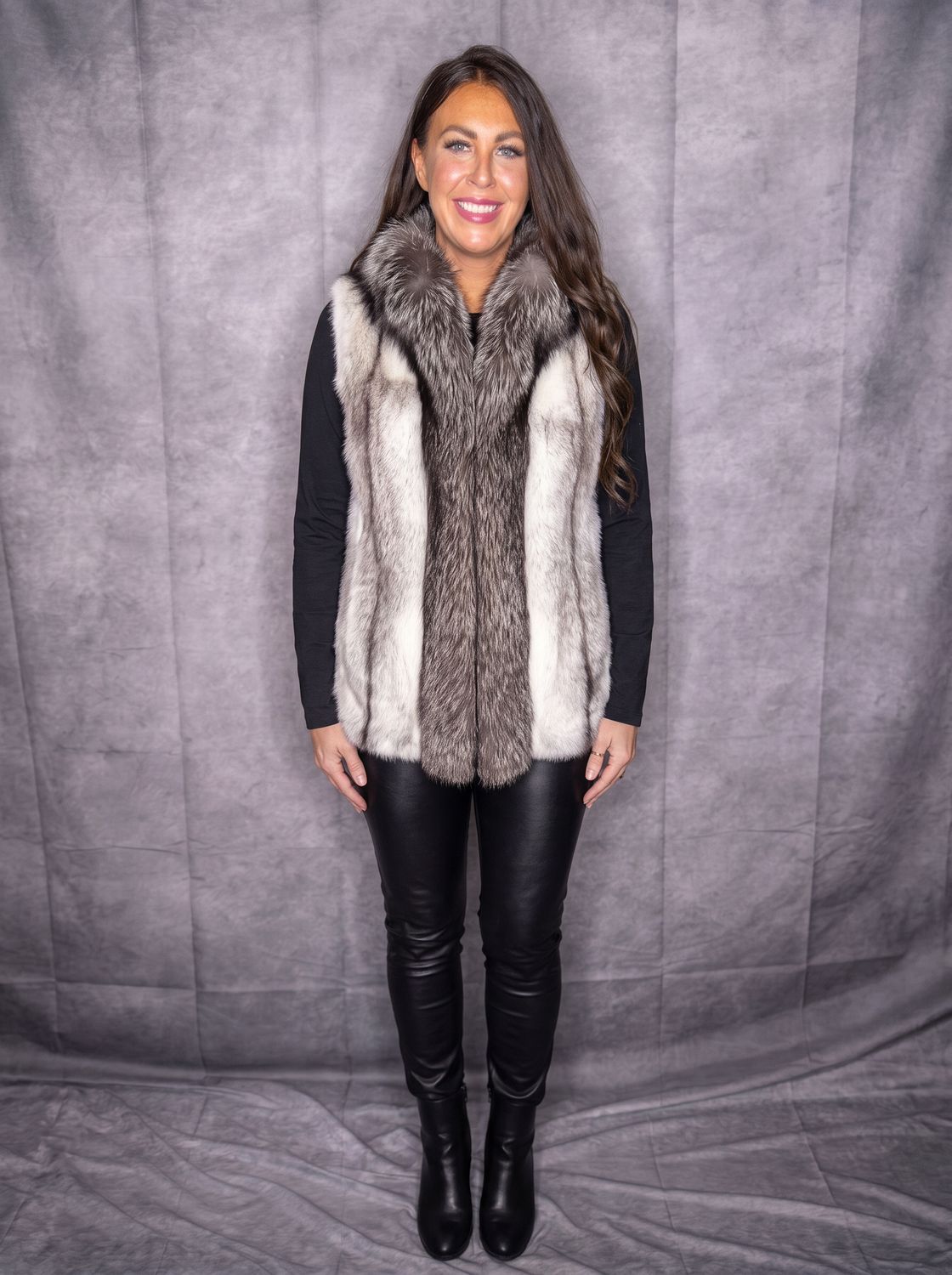 Natural Black Cross Mink w Silver Fox Vest, Material: Finland / VRX42BC / 249136, Size: Size XS