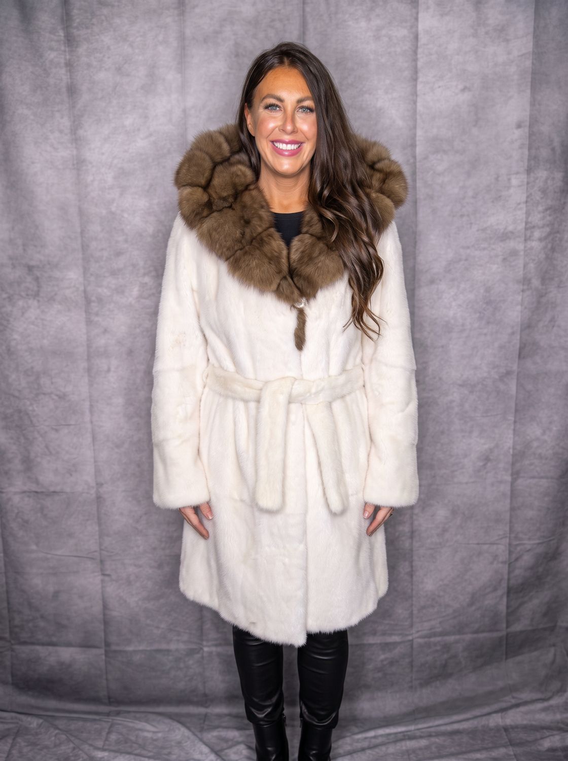 White LH Mink with Sable Hood Belt 26", Size: A, Style: 4926HS