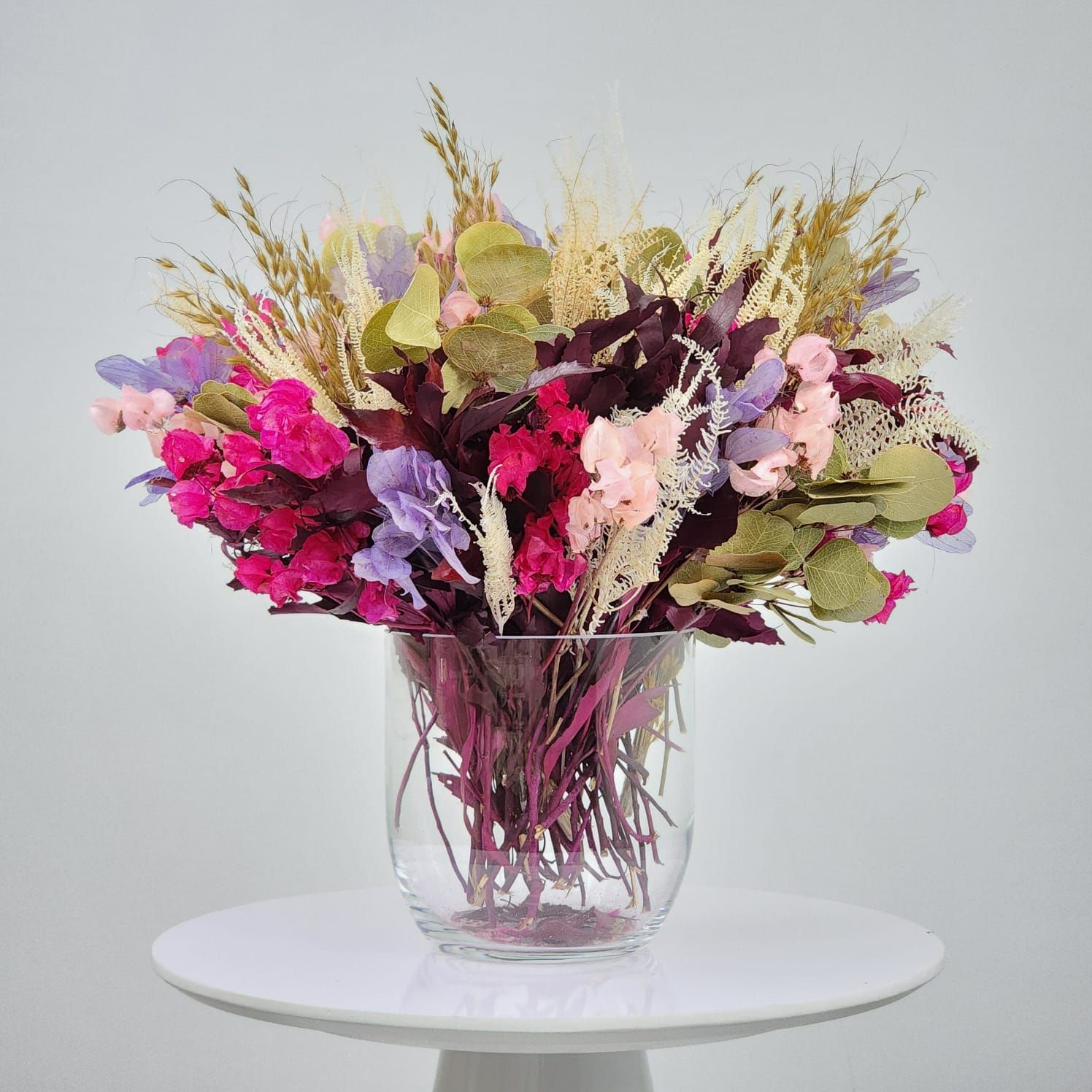 Dried Flowers Arrangement Classic Centerpiece Bouganvillea And Golden Grass + Glass  Vase