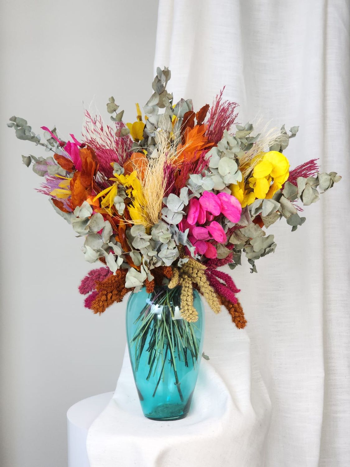 Dried Flowers Arrangement Double Face Exclusive Multicolored + Vase In Blue  Glass