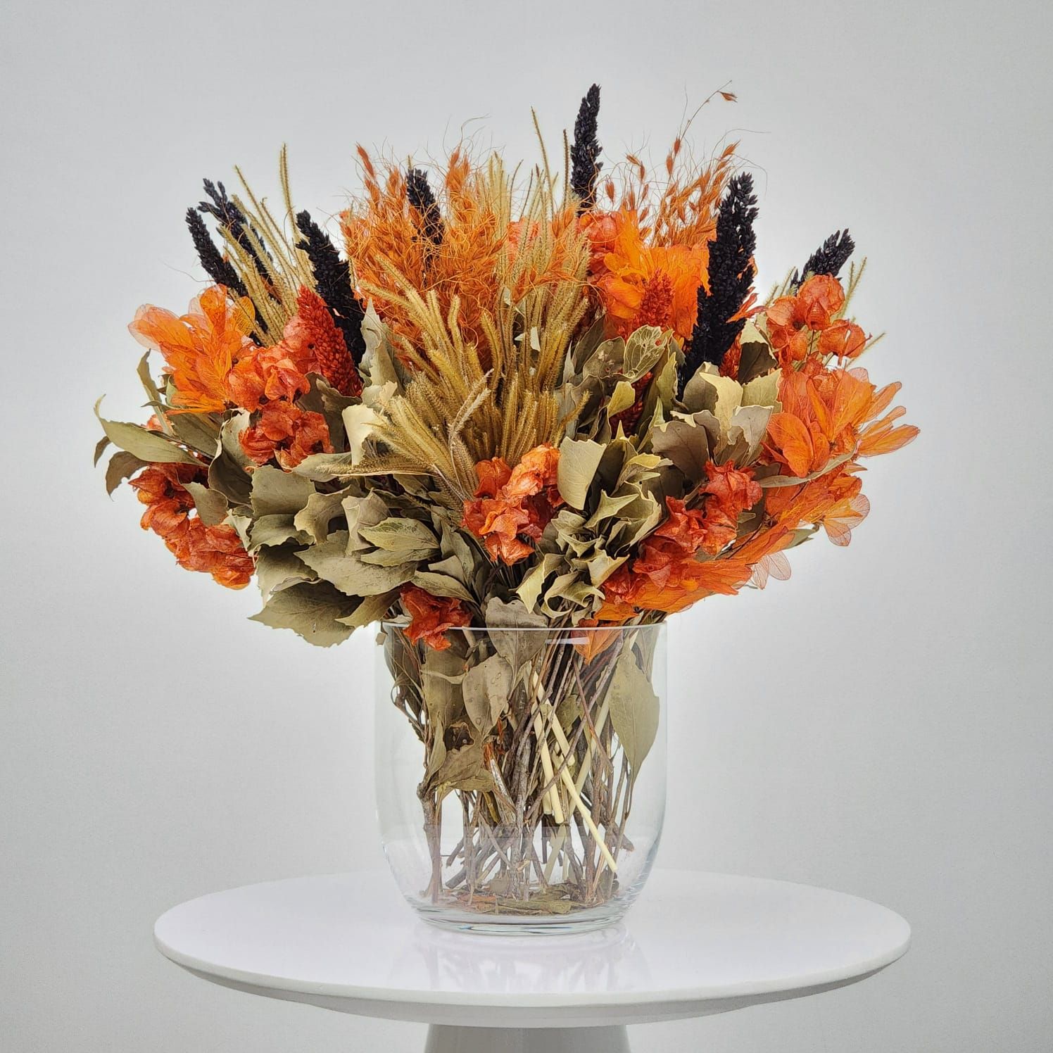 Dried Flowers Arrangement Classic Centerpiece Bougainvillea And Golden Grass + Glass  Vase
