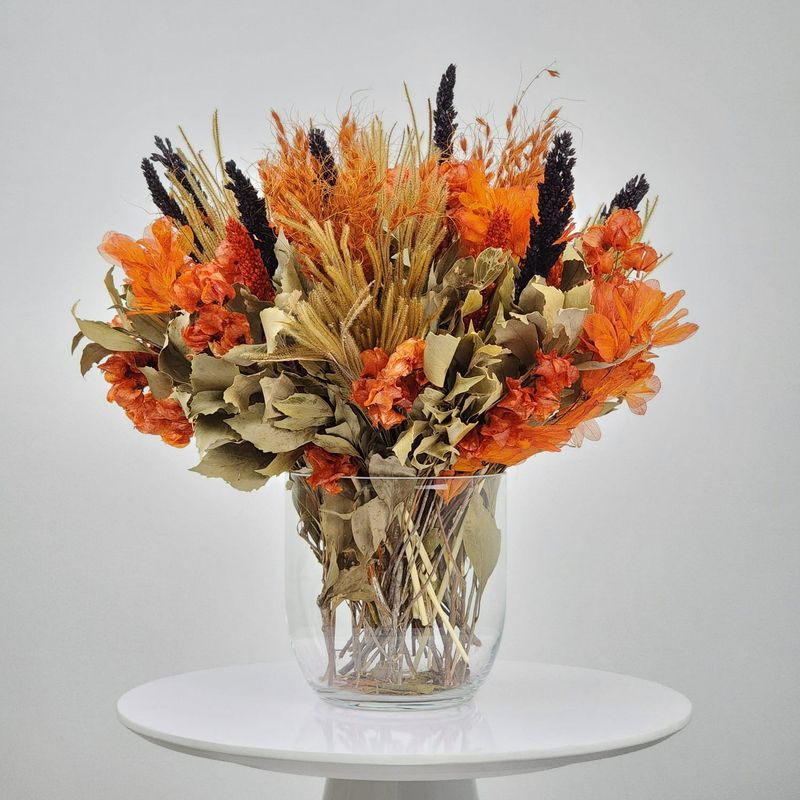Dried Flowers Arrangement Classic Centerpiece Bougainvillea And Golden Grass + Glass  Vase