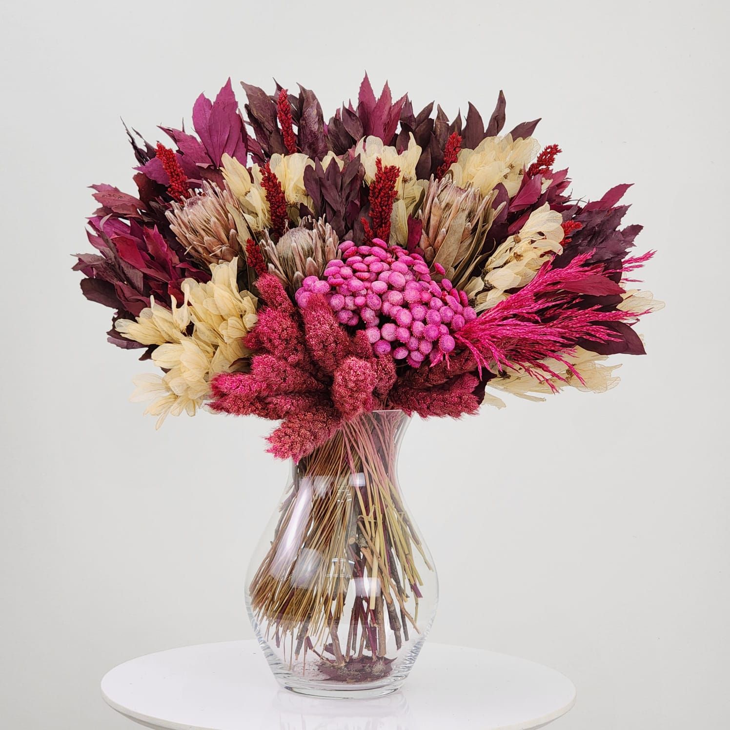 Dried Flowers Arrangement Single Face Rare  Proteas Pink Ice + Glass Vase