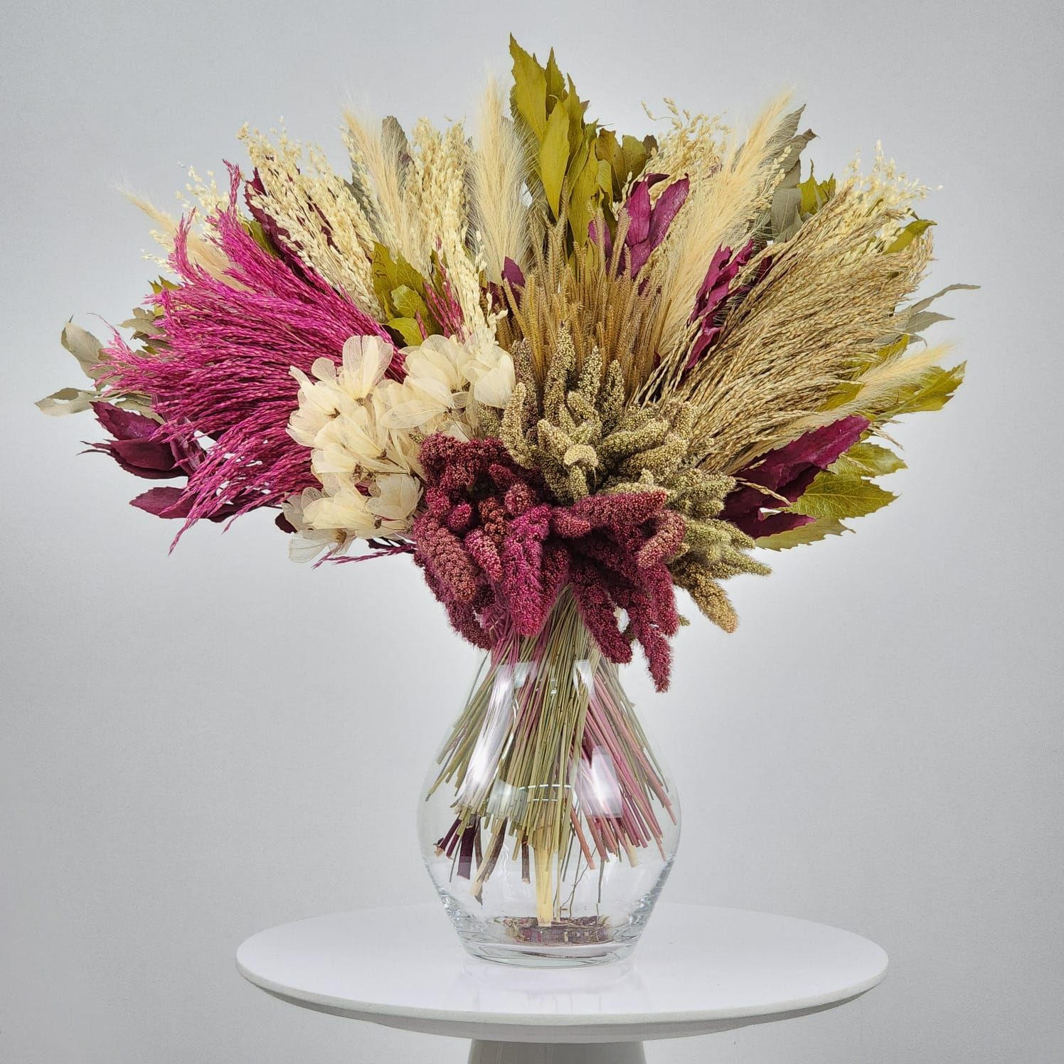 Dried Flowers Arrangement Single Face Classic Chinese Wheat And Rice + Glass  Vase