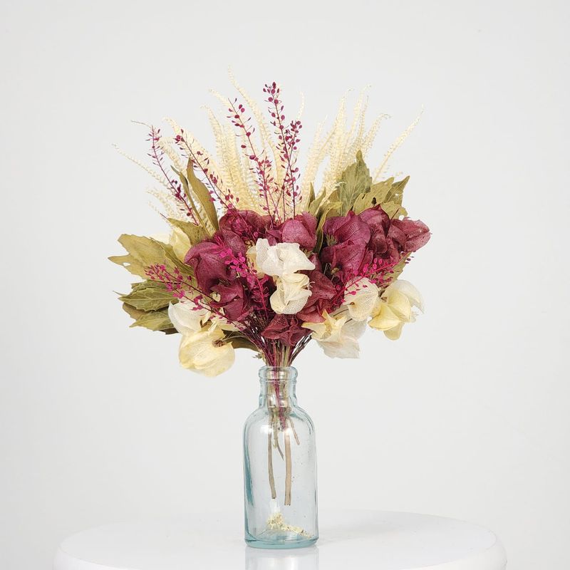 Dried Flowers Arrangement Single Face Delicacy Fern And Wine  + Small Colorless Vase