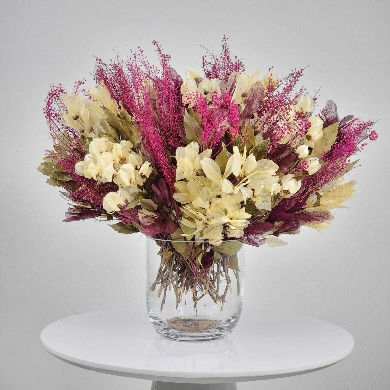 Dried Flowers Centerpiece Arrangement Classic Rosy Dragonflies + Glass  Vase