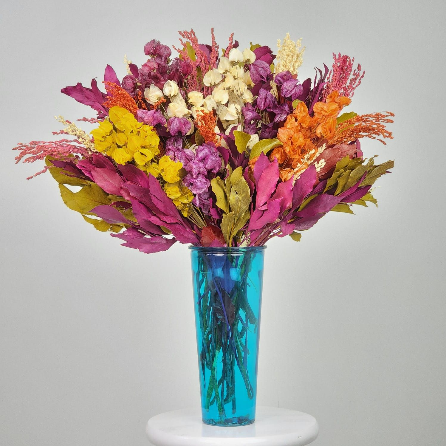 Surreal Flora Dried Flowers Arrangement  + Blue Glass