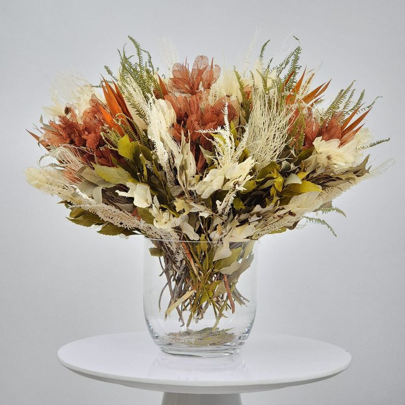 Dried Flowers Arrangement Classic Dragonfly And Asparagus Centerpiece +  Glass Vase