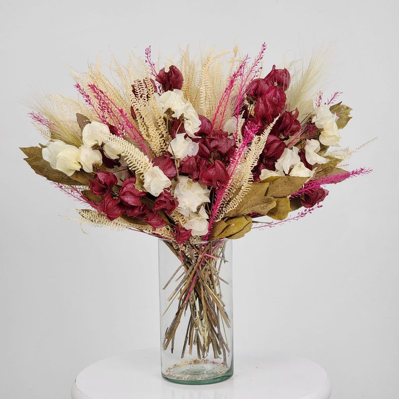 Dried Flowers Single Face Dengo Arrangement Marsala  + Clear Glass Vase