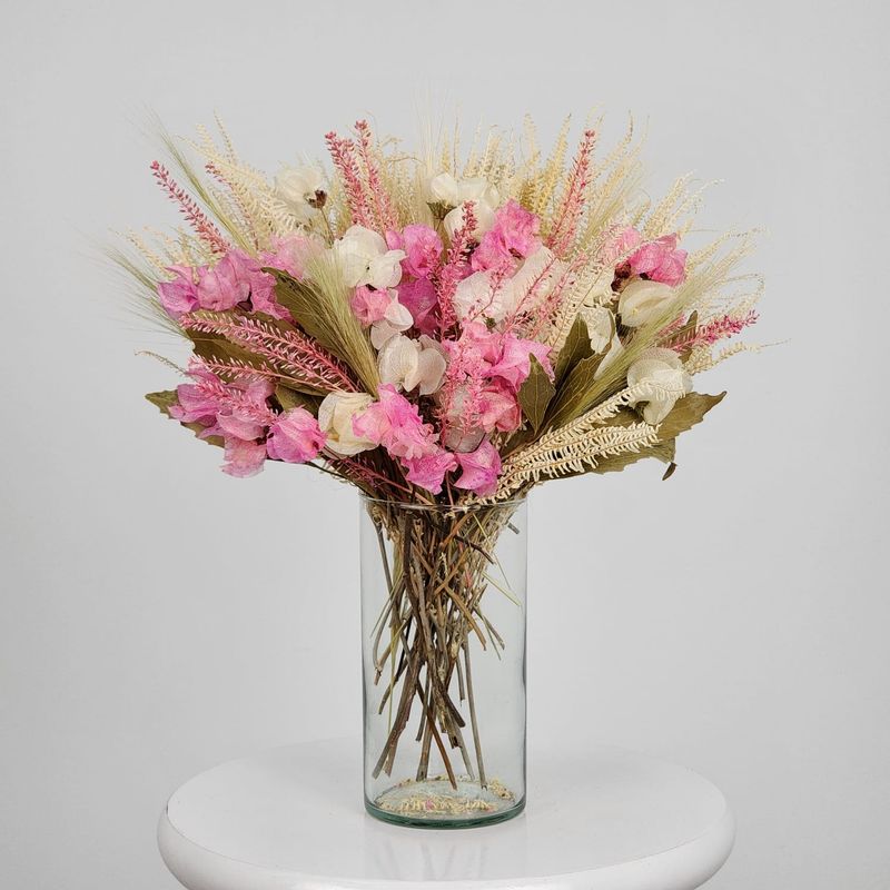 Dried Flowers Single Face Dengo Arrangement  Pink  + Vase In Clear Glass