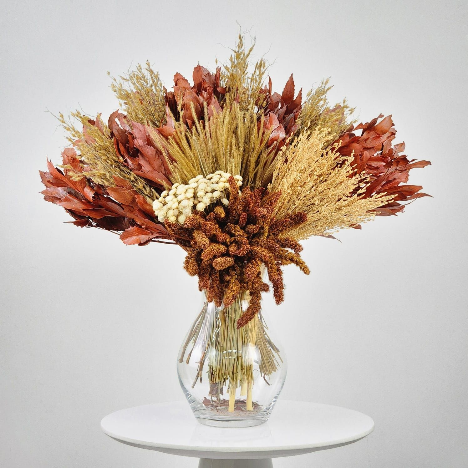 Dried Flowers Arrangement Single Face Classic Golden Button And Chinese Wheat + Glass Vase