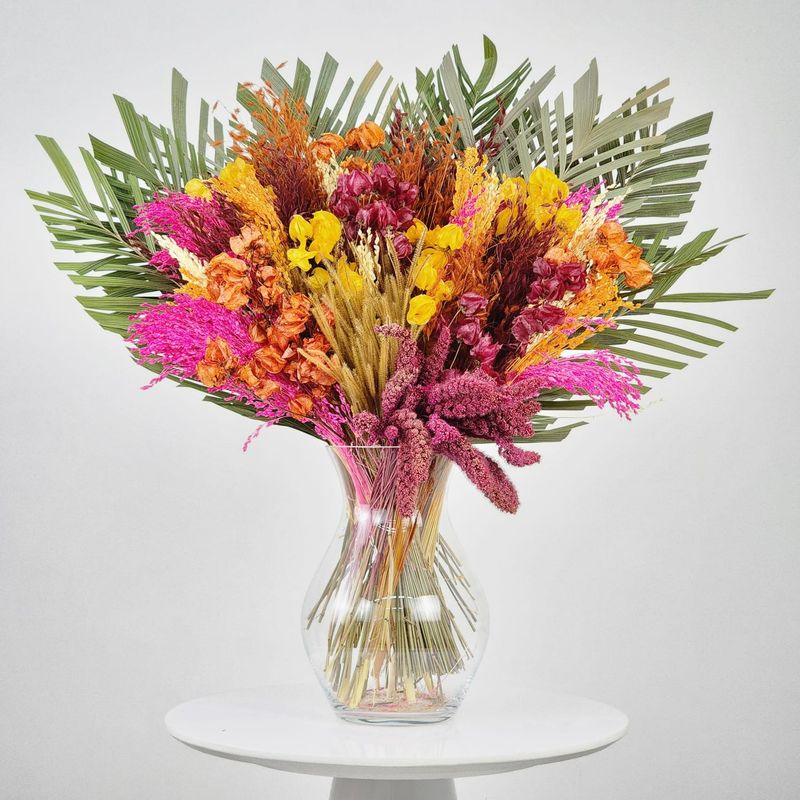 Dried Flowers Arrangement Single Face Classic Palm And Broom + Glass  Vase