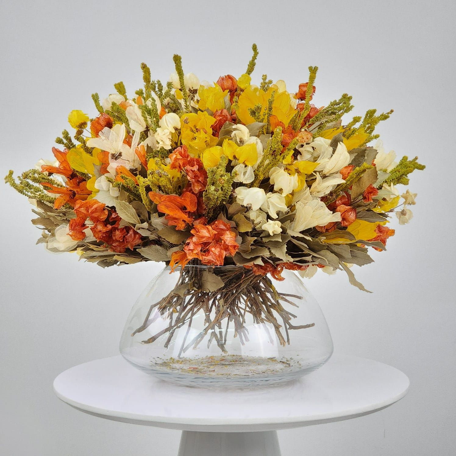 Dried Flowers Arrangement Classic Bougainvilleas Orange Centerpiece +  Glass Vase Gg