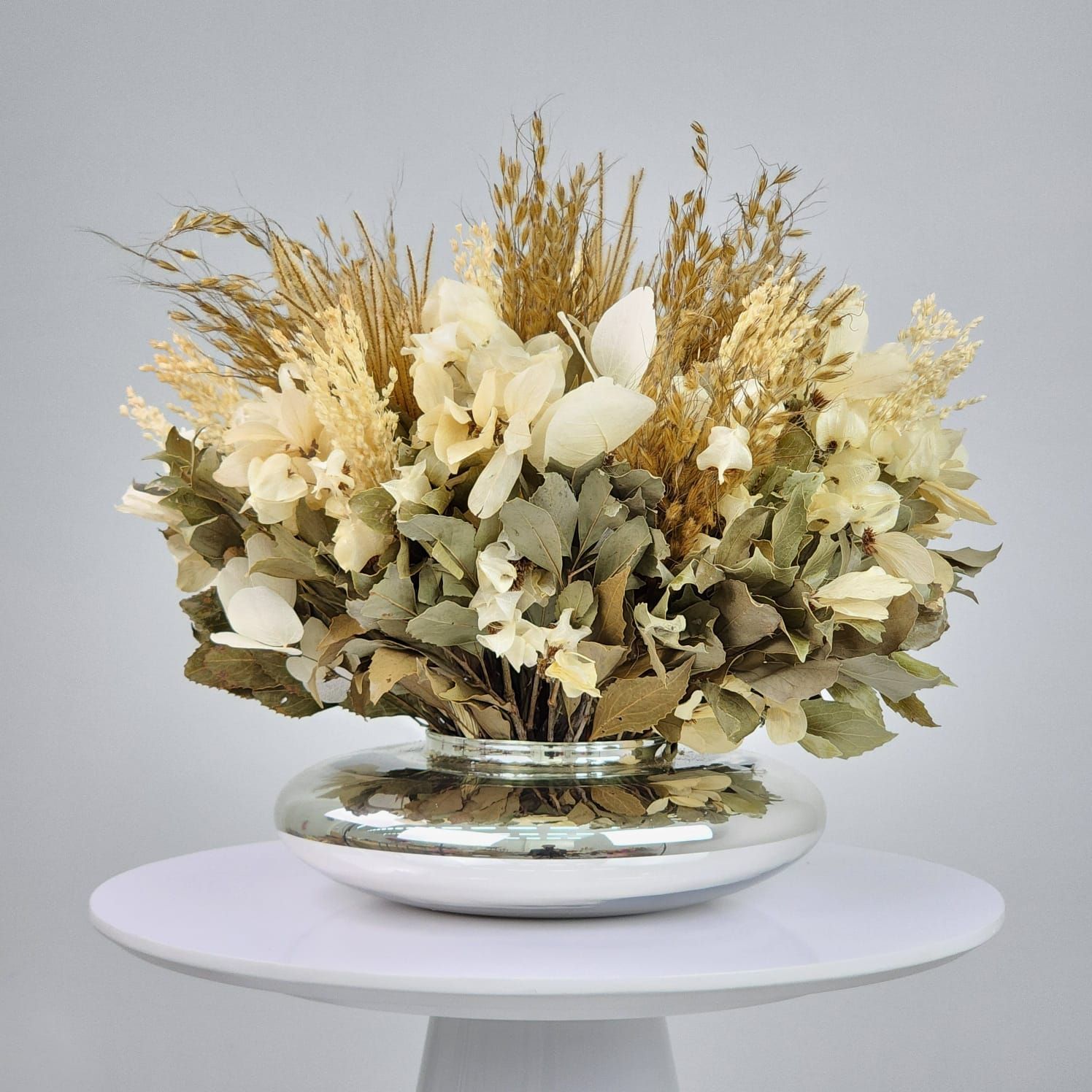 Dried Flowers Arrangement Centers + Silver Vase