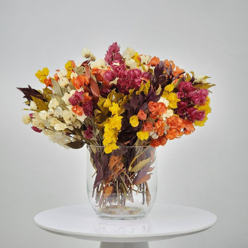 Dried Flowers Arrangement Classic Oak And Bougainvillea Centerpiece +  Glass Vase