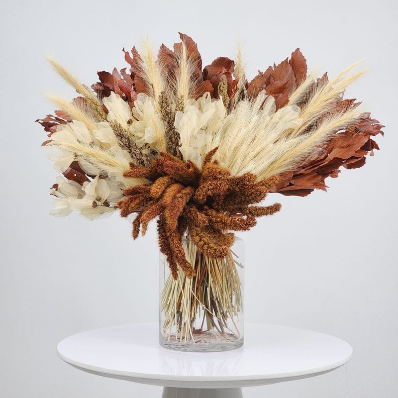 Dried Flowers Arrangement Single Face Classic Orange Oak + Glass  Vase