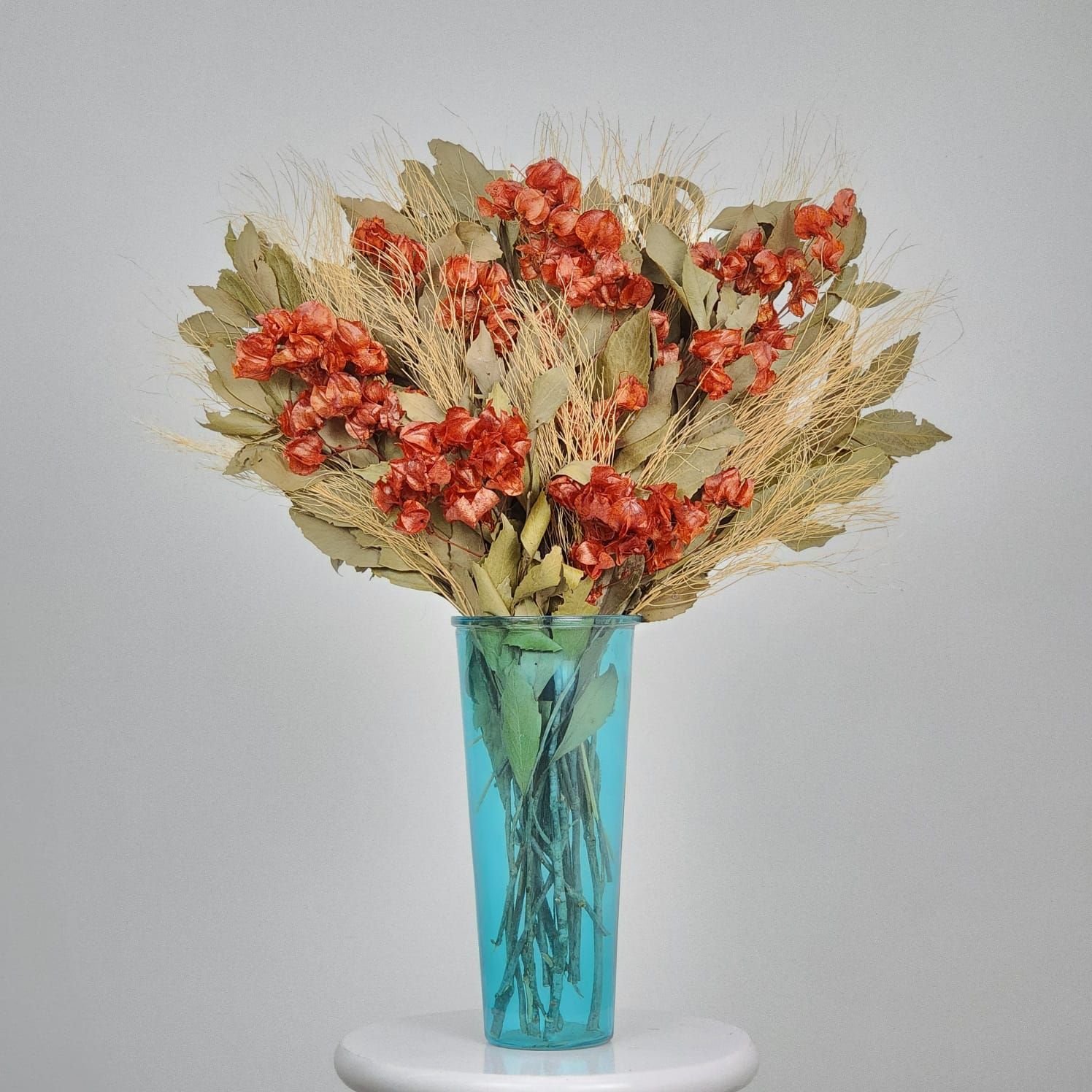 Dried Flowers Arrangement Single Face Special Orange + Blue Affection Vase