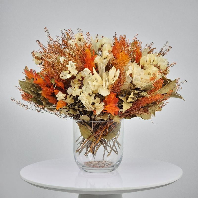 Dried Flowers Arrangement Classic Centerpiece Dragonflies Orange + Glass Vase