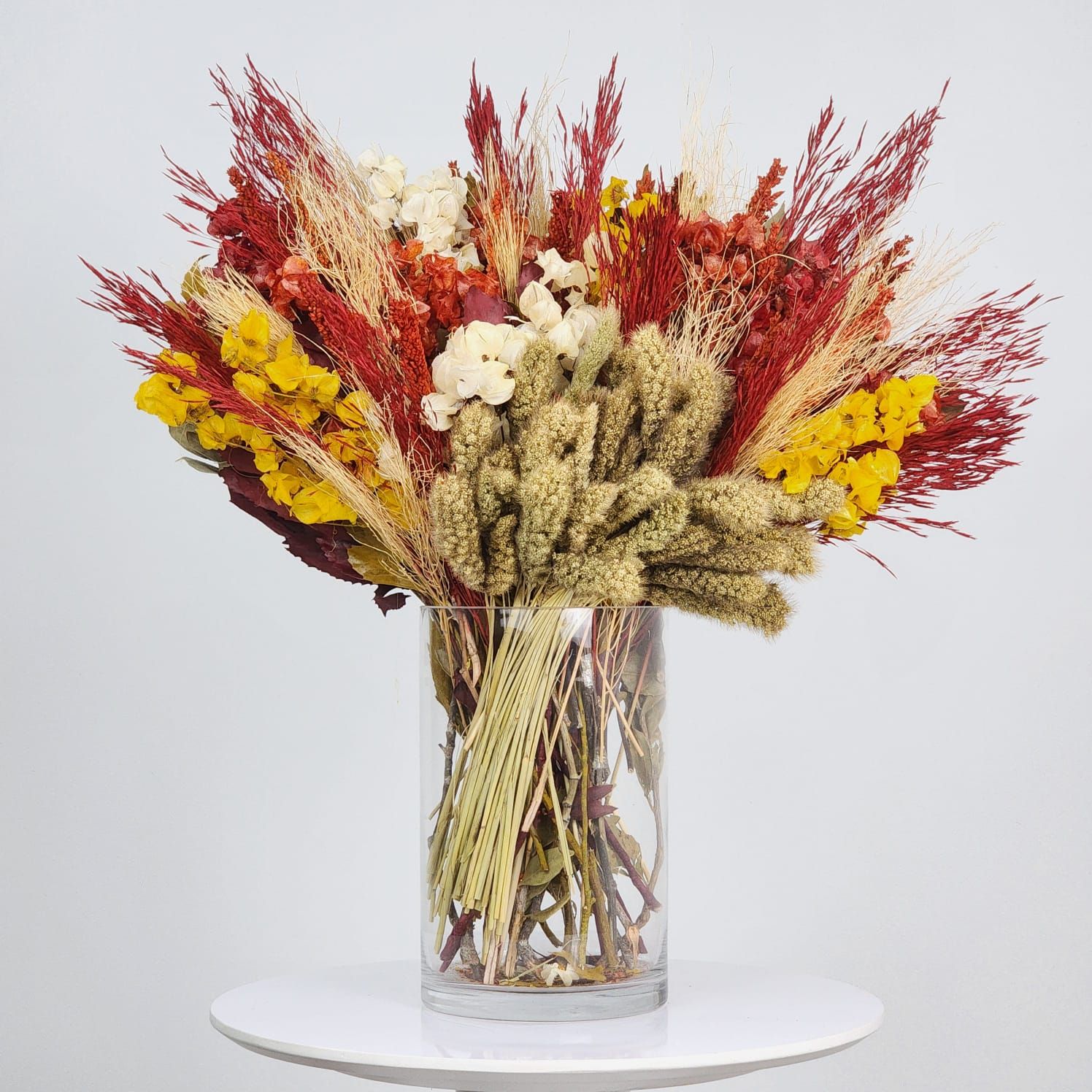 Dried Flowers Arrangement Single Face Summer Harvest Seasons + Glass  Vase