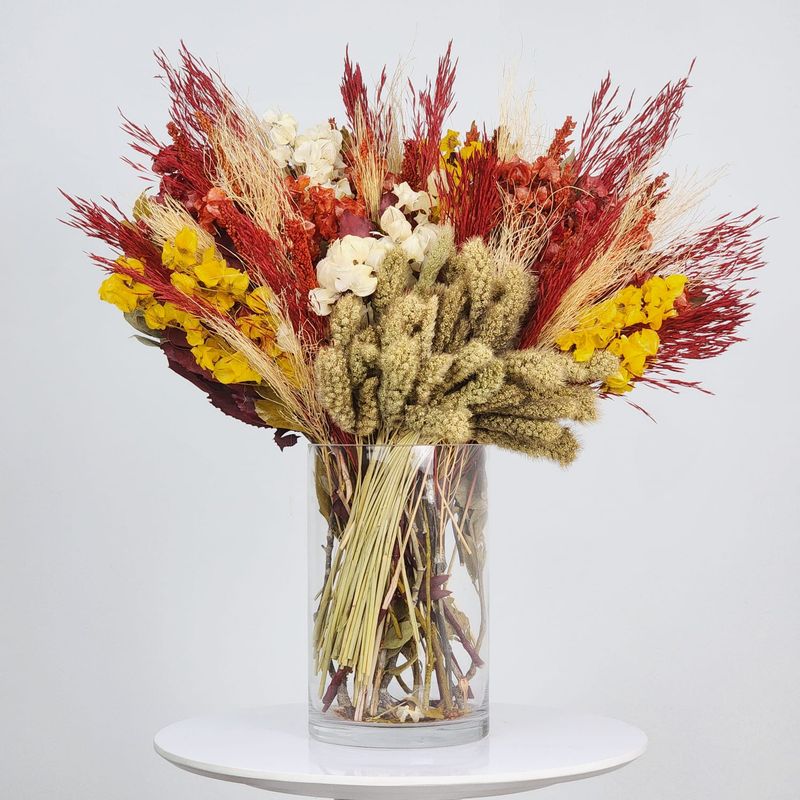 Dried Flowers Arrangement Single Face Summer Harvest Seasons + Glass  Vase