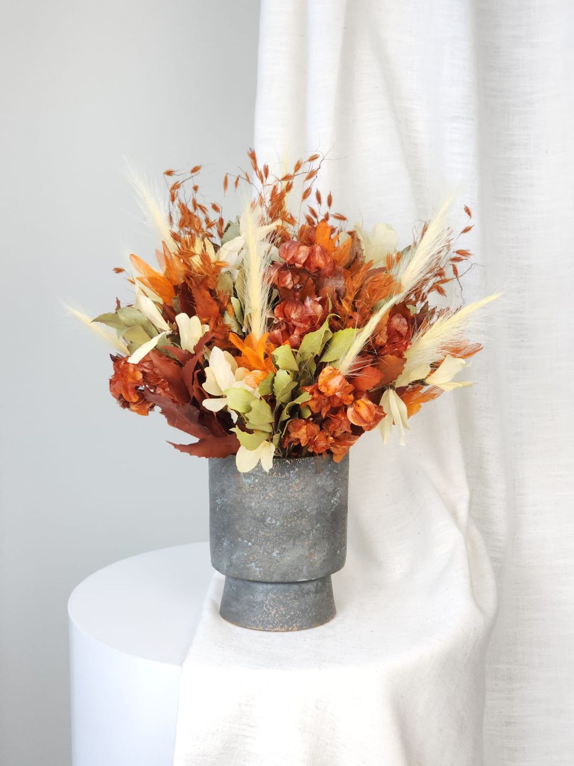 Dried Flowers Arrangement Centerpiece Field Orange And Green + Vase In Cement